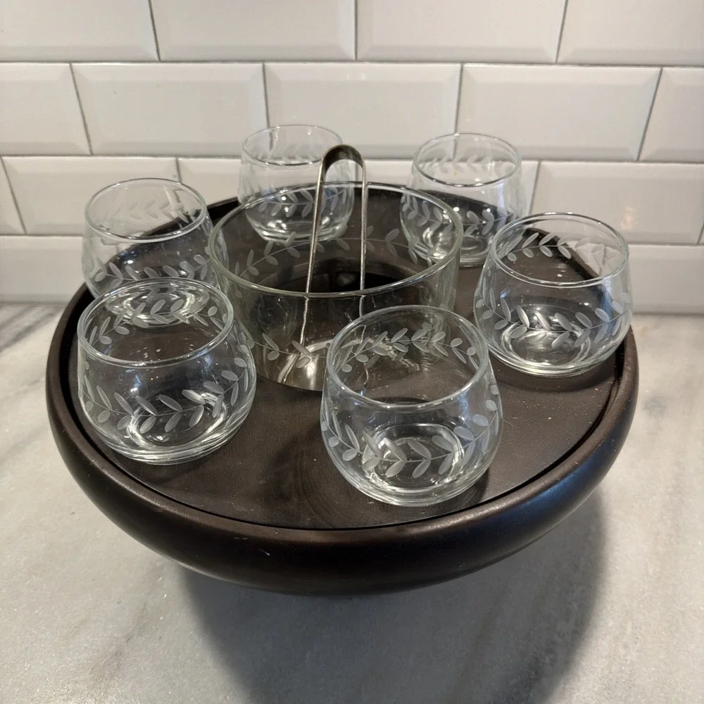 Vintage Unique Wood Lazy Susan Bar  Ice/glasses Holder 0021